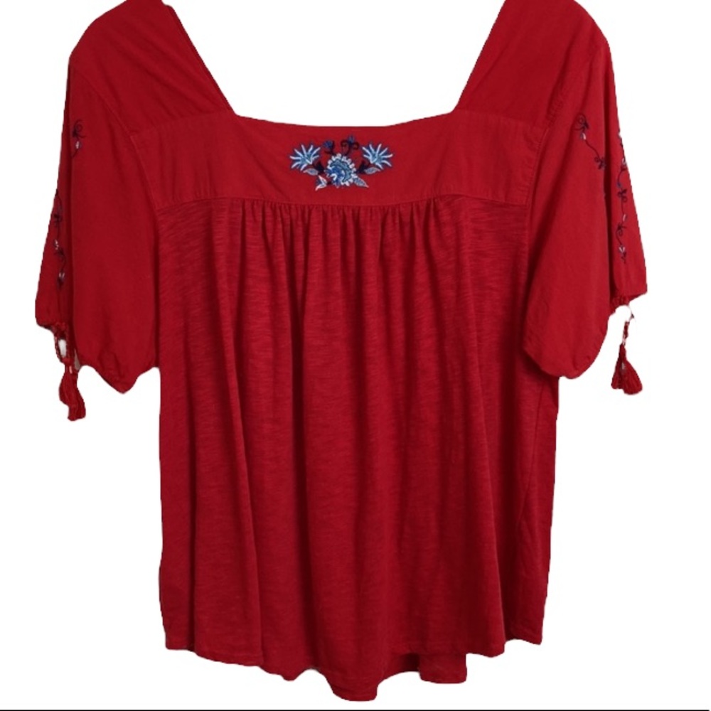 Time and Tru Red Boho Embroidered Linen BlendTop - Picture 2 of 10